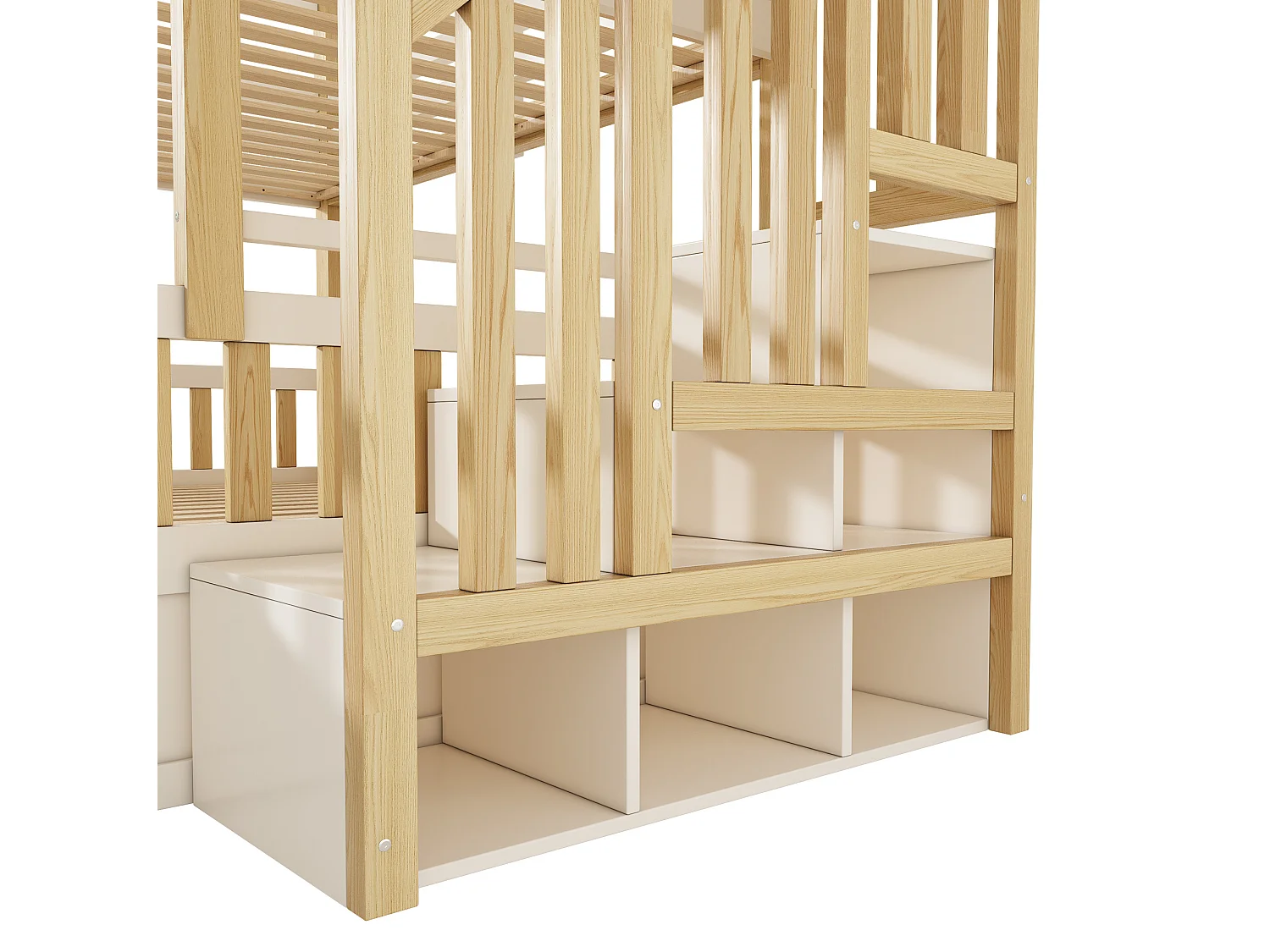 Lit superposé enfant 90x200 cm et 140x200 cm avec rangement - Lit cabane blanc et bois naturel