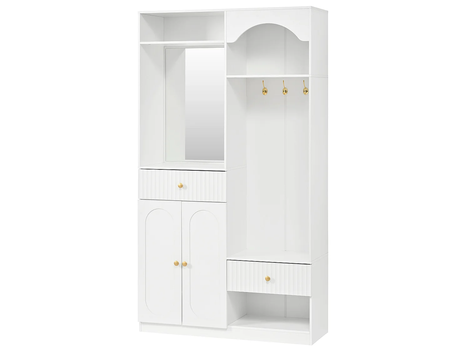 Kledingkast met spiegel, 2 lades en bankje, LED-verlichting - Wit 100 x 35 x 180 cm