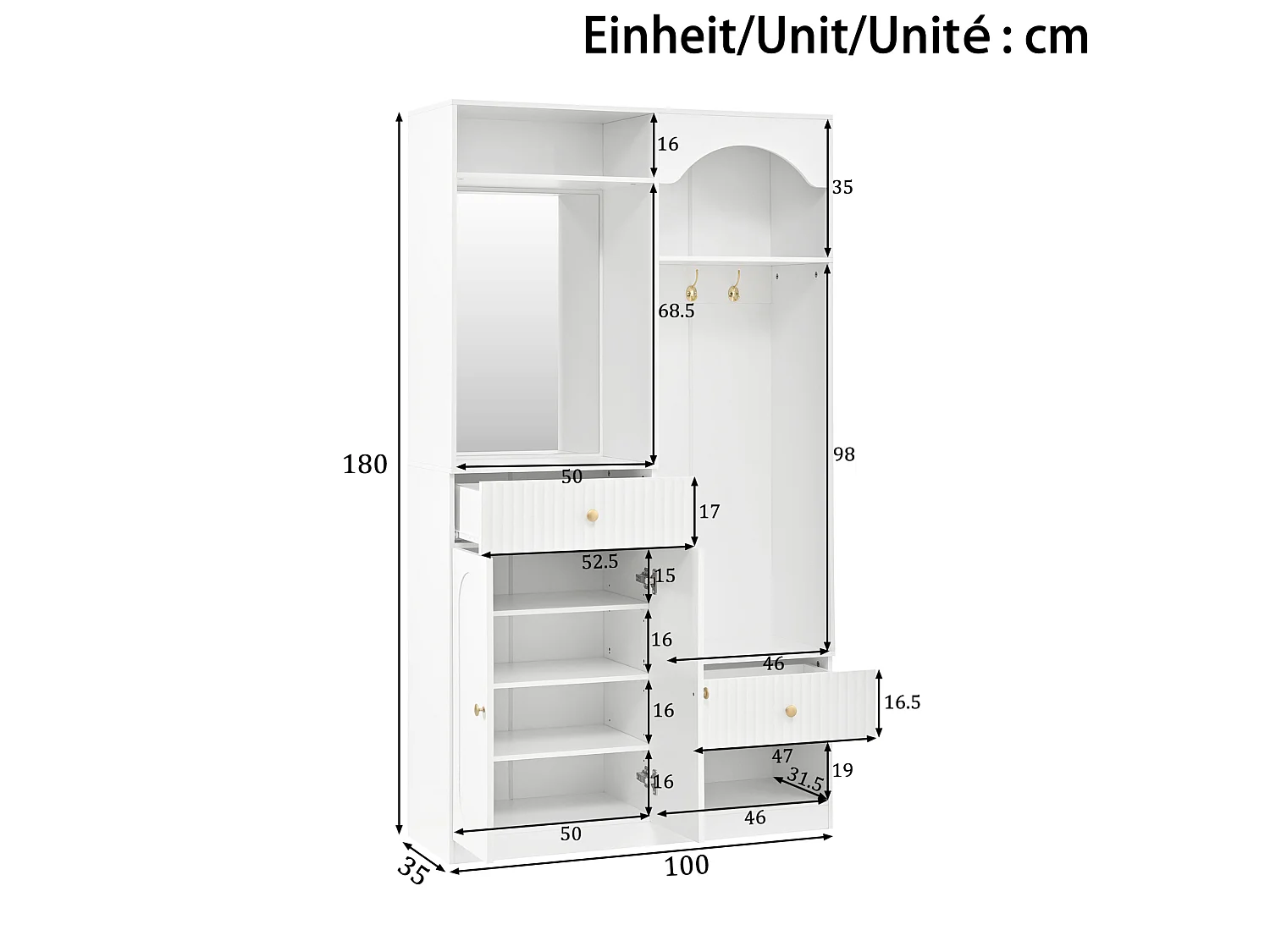 Kledingkast met spiegel, 2 lades en bankje, LED-verlichting - Wit 100 x 35 x 180 cm