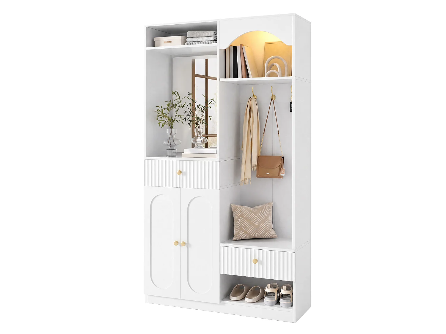 Kledingkast met spiegel, 2 lades en bankje, LED-verlichting - Wit 100 x 35 x 180 cm