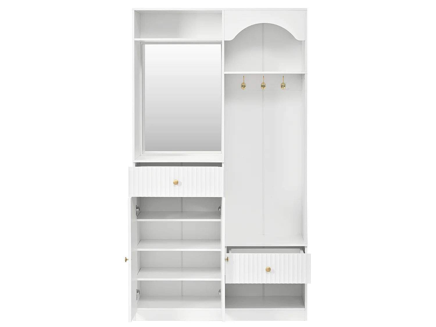 Kledingkast met spiegel, 2 lades en bankje, LED-verlichting - Wit 100 x 35 x 180 cm