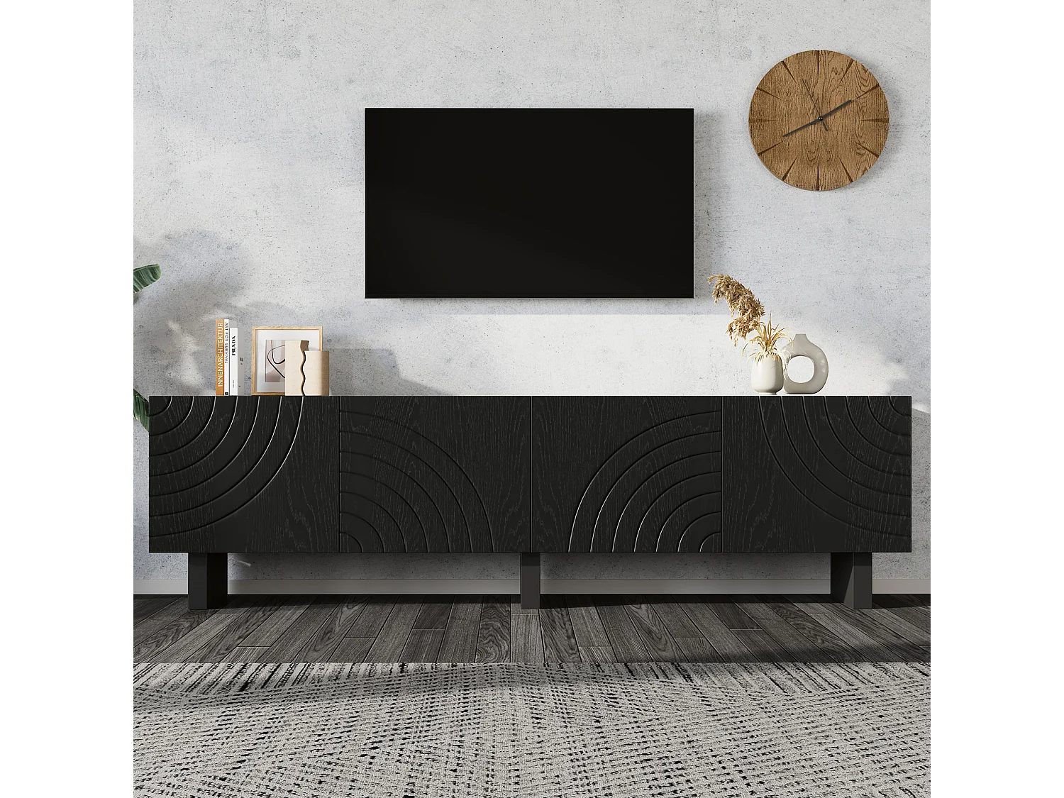 Mobile porta TV nero 180 × 40 × 55 cm con 4 ante - Per TV da 75 pollici