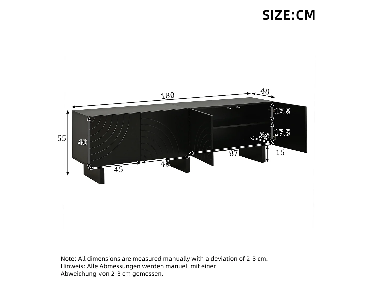 Mobile porta TV nero 180 × 40 × 55 cm con 4 ante - Per TV da 75 pollici