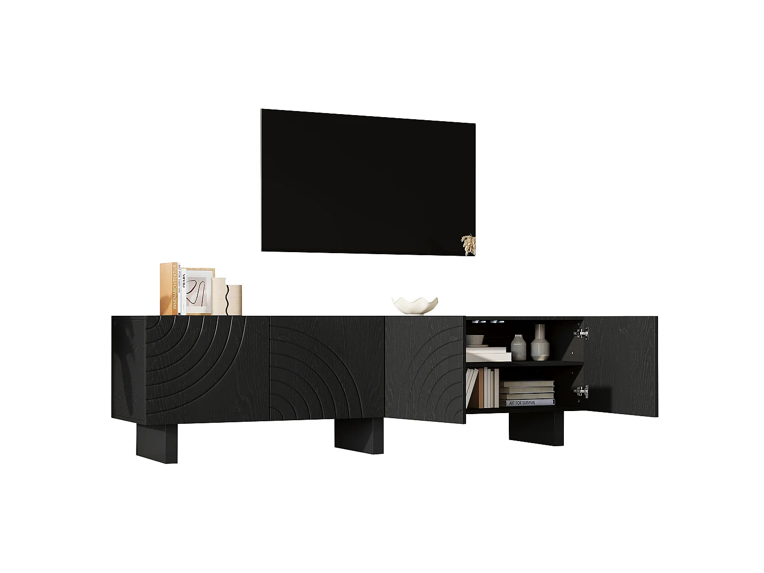 Mobile porta TV nero 180 × 40 × 55 cm con 4 ante - Per TV da 75 pollici