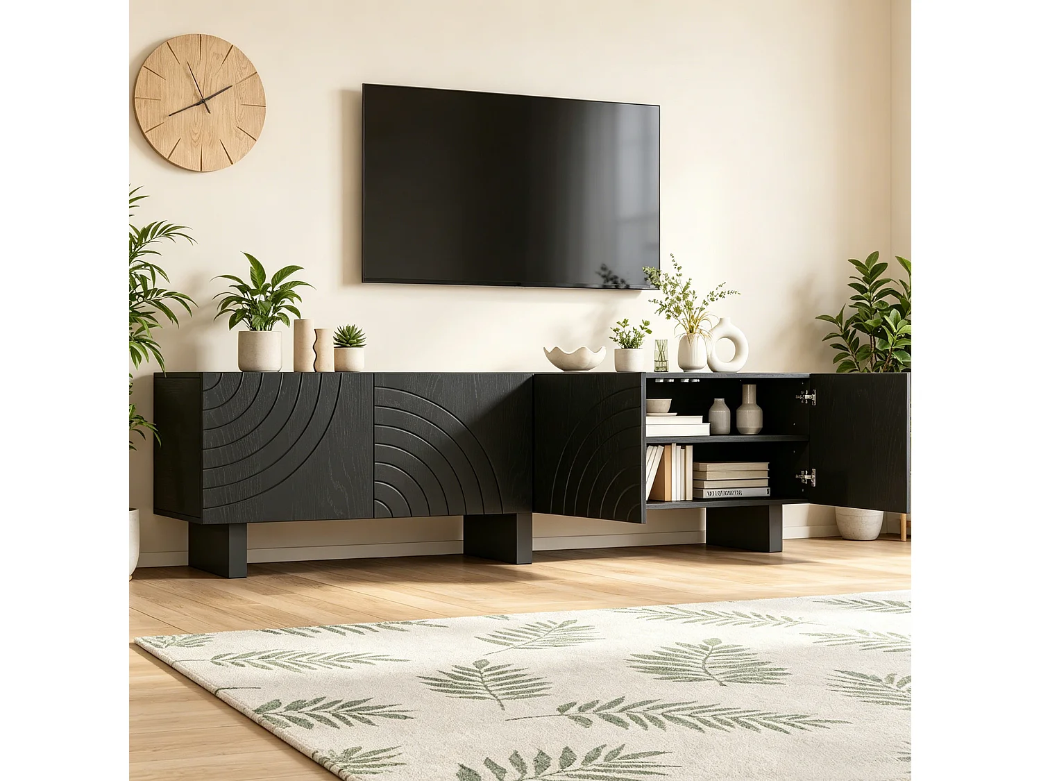 Mobile porta TV nero 180 × 40 × 55 cm con 4 ante - Per TV da 75 pollici