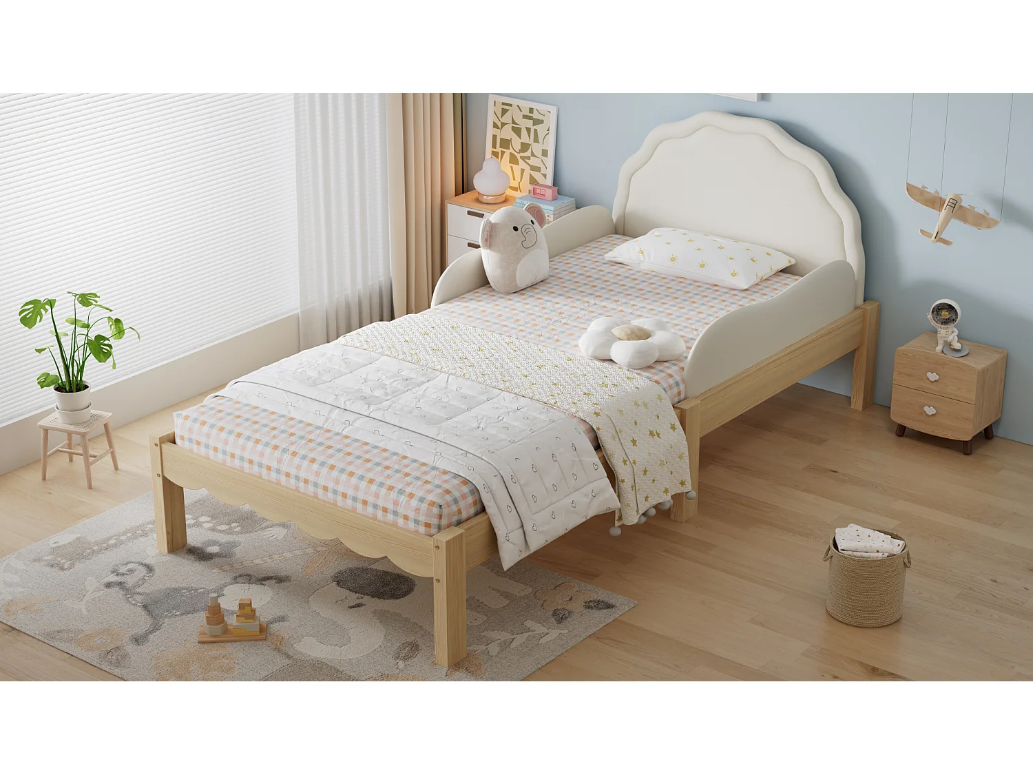 Lit simple enfant 90 x 200 cm beige et naturel clair avec longerons - Cadre en bois