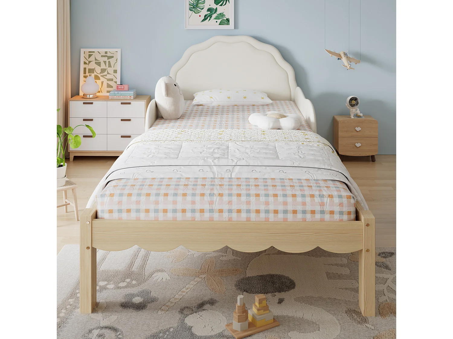 Lit simple enfant 90 x 200 cm beige et naturel clair avec longerons - Cadre en bois