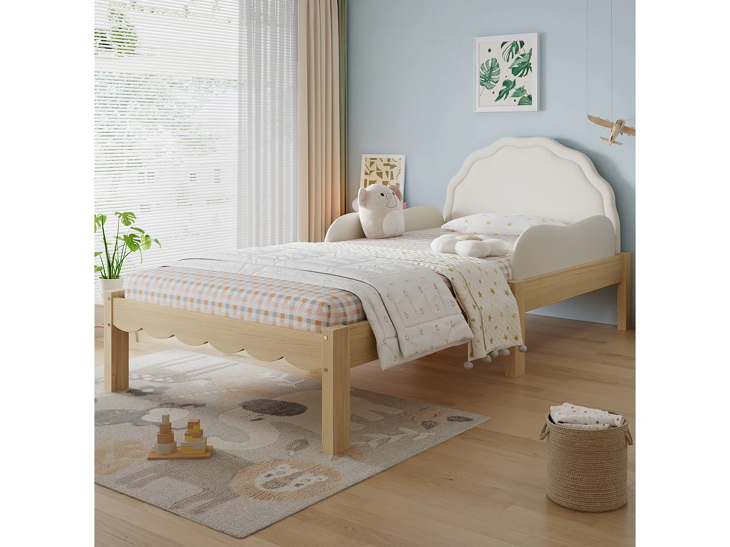 Lit simple enfant 90 x 200 cm beige et naturel clair avec longerons - Cadre en bois