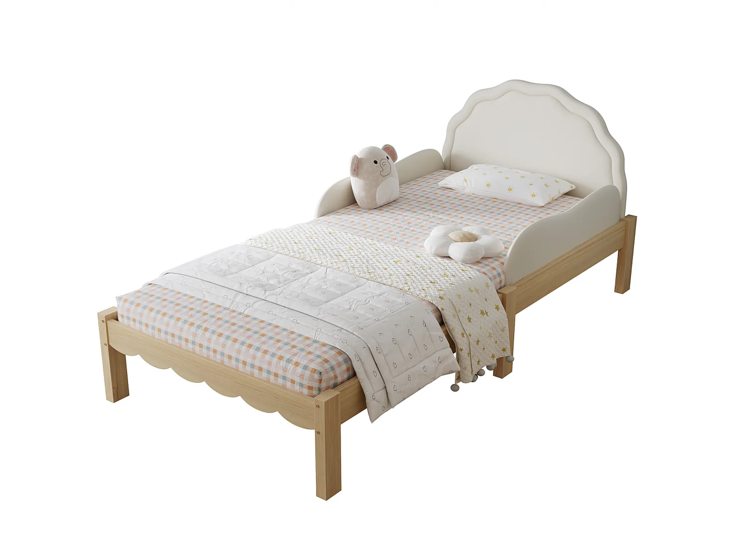 Lit simple enfant 90 x 200 cm beige et naturel clair avec longerons - Cadre en bois