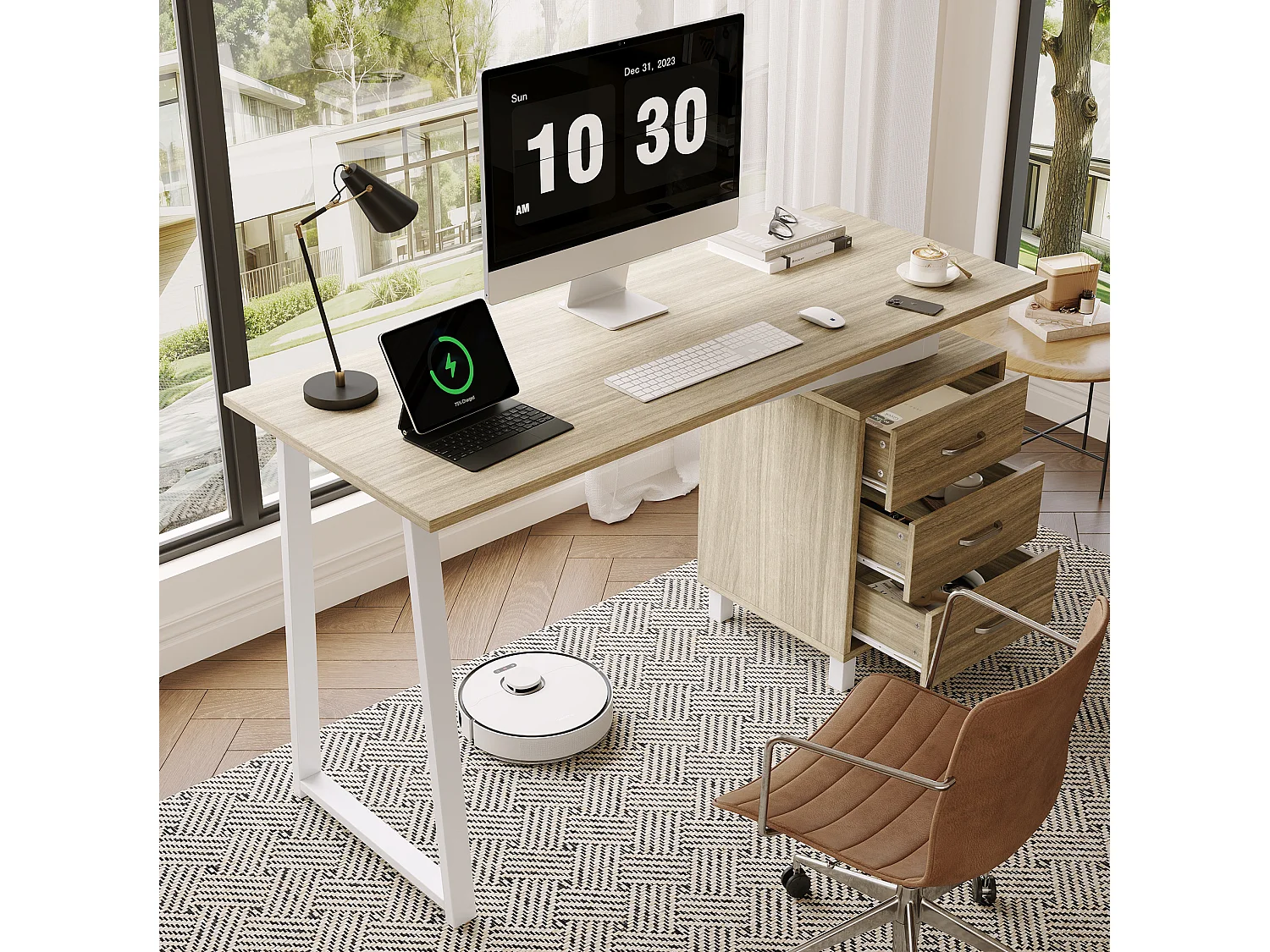 Ruim bureau 130 x 55 x 75 cm met 3 lades - MDF en metaal - Natuurlijk hout en wit