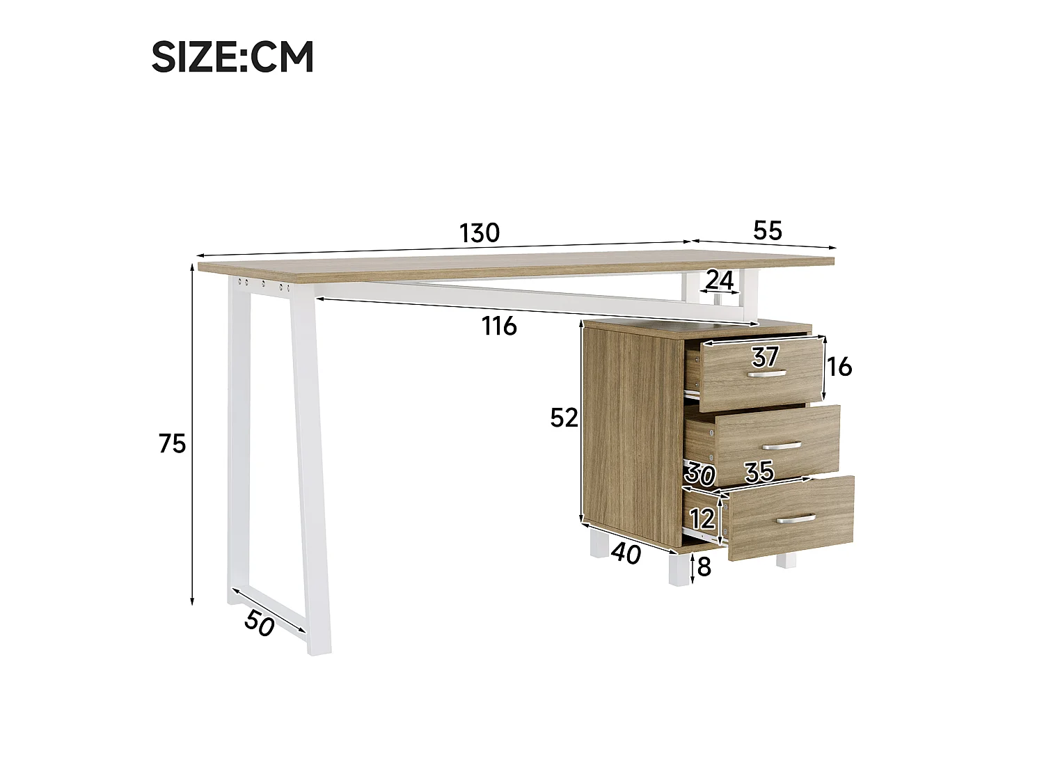 Ruim bureau 130 x 55 x 75 cm met 3 lades - MDF en metaal - Natuurlijk hout en wit