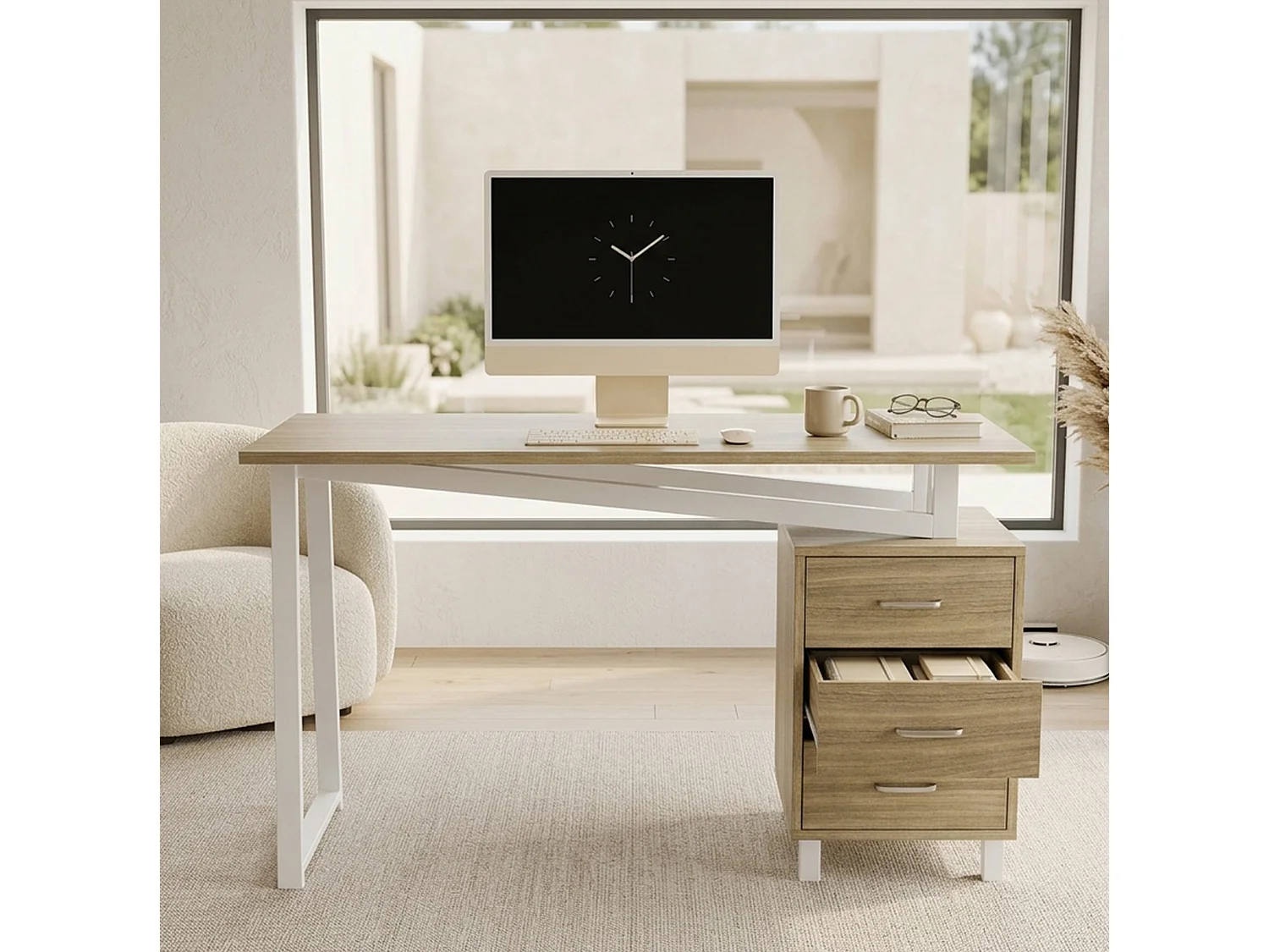 Ruim bureau 130 x 55 x 75 cm met 3 lades - MDF en metaal - Natuurlijk hout en wit