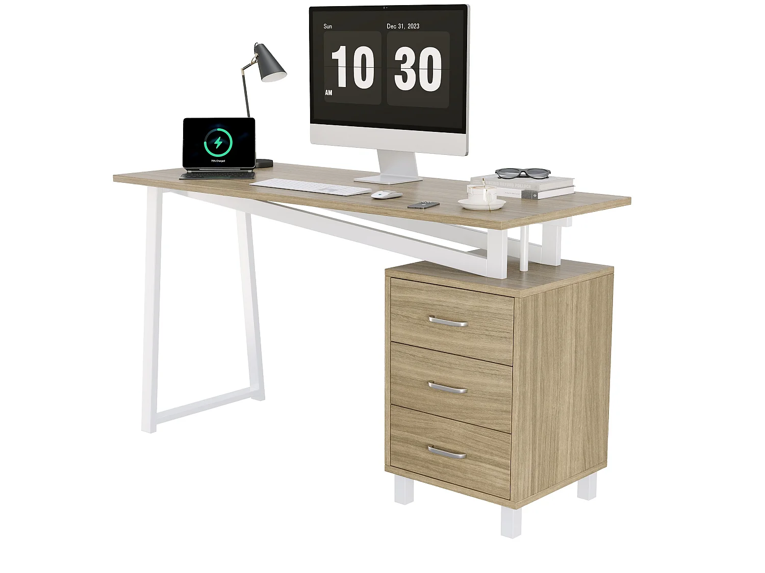 Ruim bureau 130 x 55 x 75 cm met 3 lades - MDF en metaal - Natuurlijk hout en wit