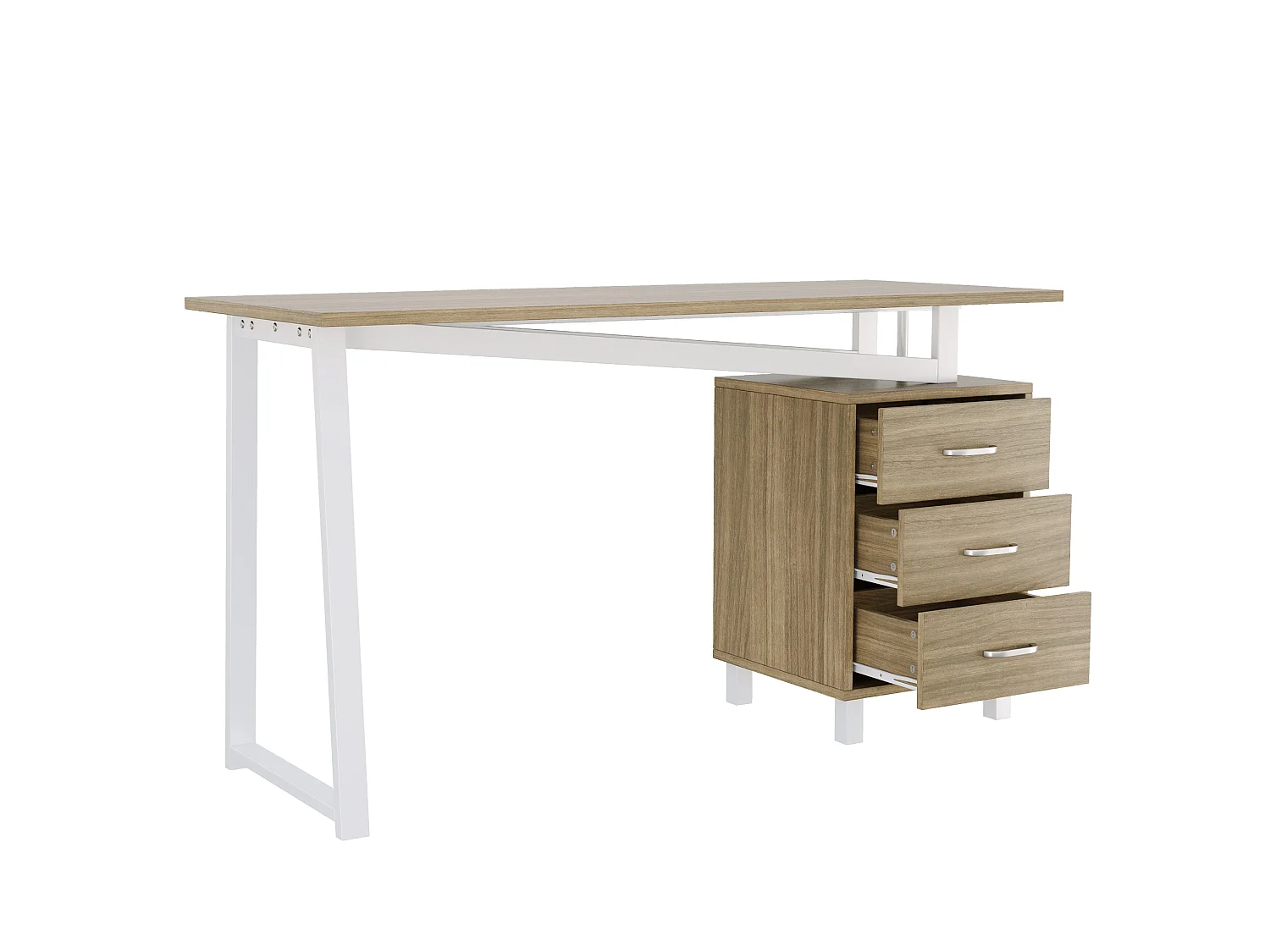 Ruim bureau 130 x 55 x 75 cm met 3 lades - MDF en metaal - Natuurlijk hout en wit