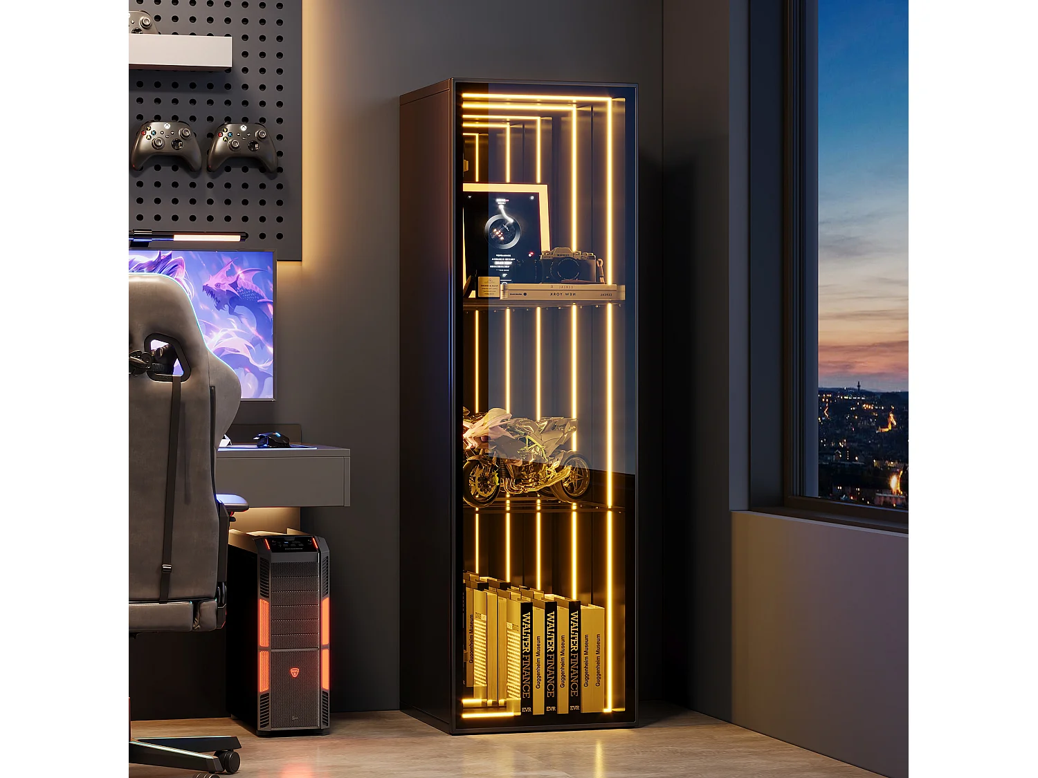 Vitrina LED negra de 30 x 30 x 90 cm con puerta y 3 compartimentos de almacenamiento.