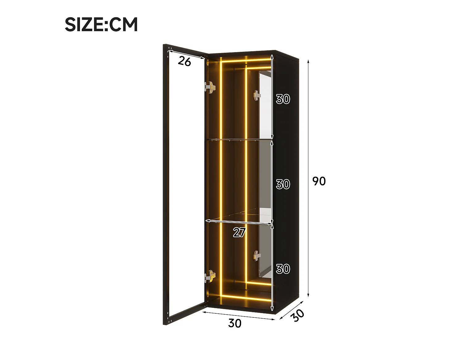 Vitrina LED negra de 30 x 30 x 90 cm con puerta y 3 compartimentos de almacenamiento.