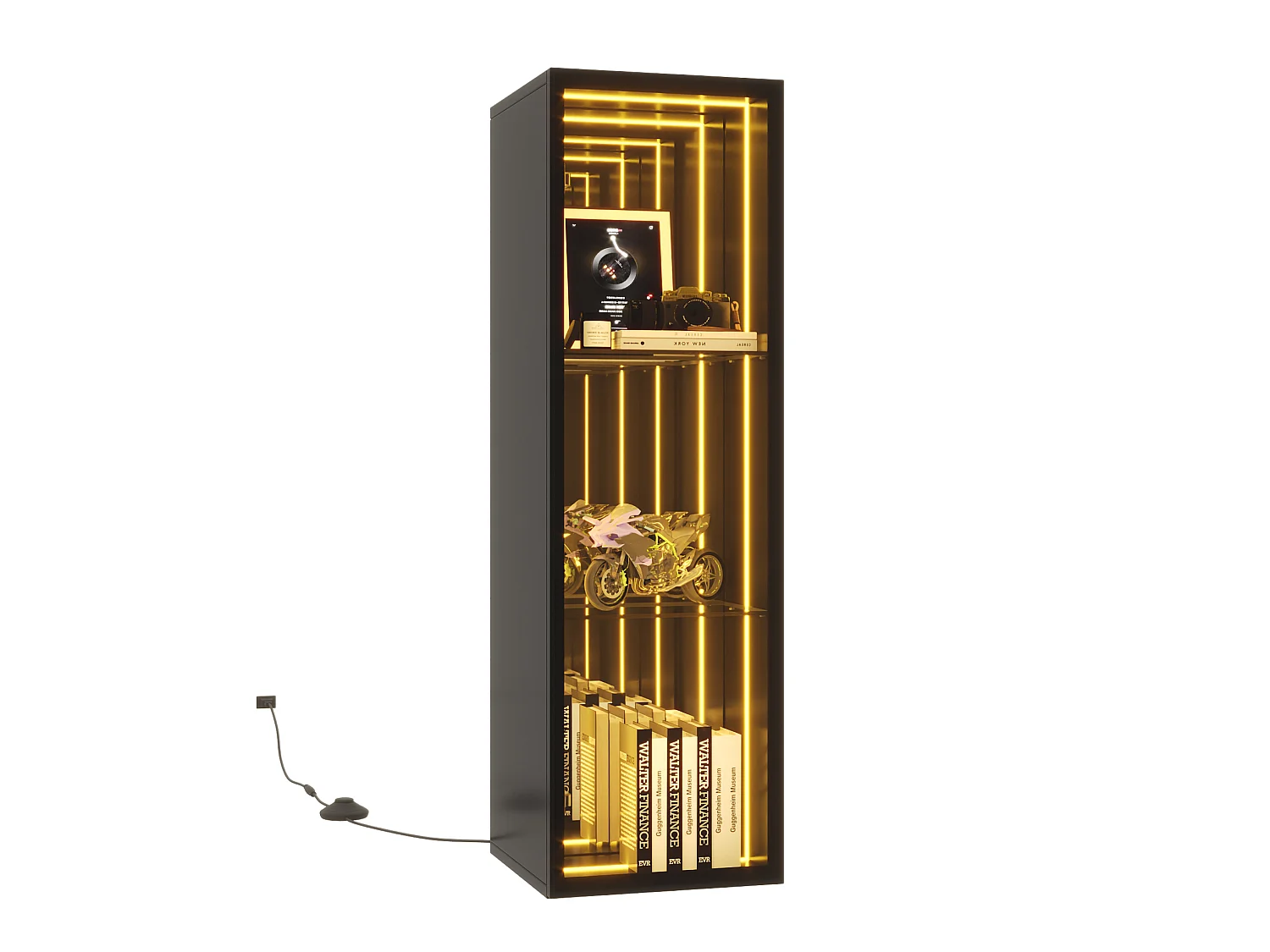 Vitrina LED negra de 30 x 30 x 90 cm con puerta y 3 compartimentos de almacenamiento.