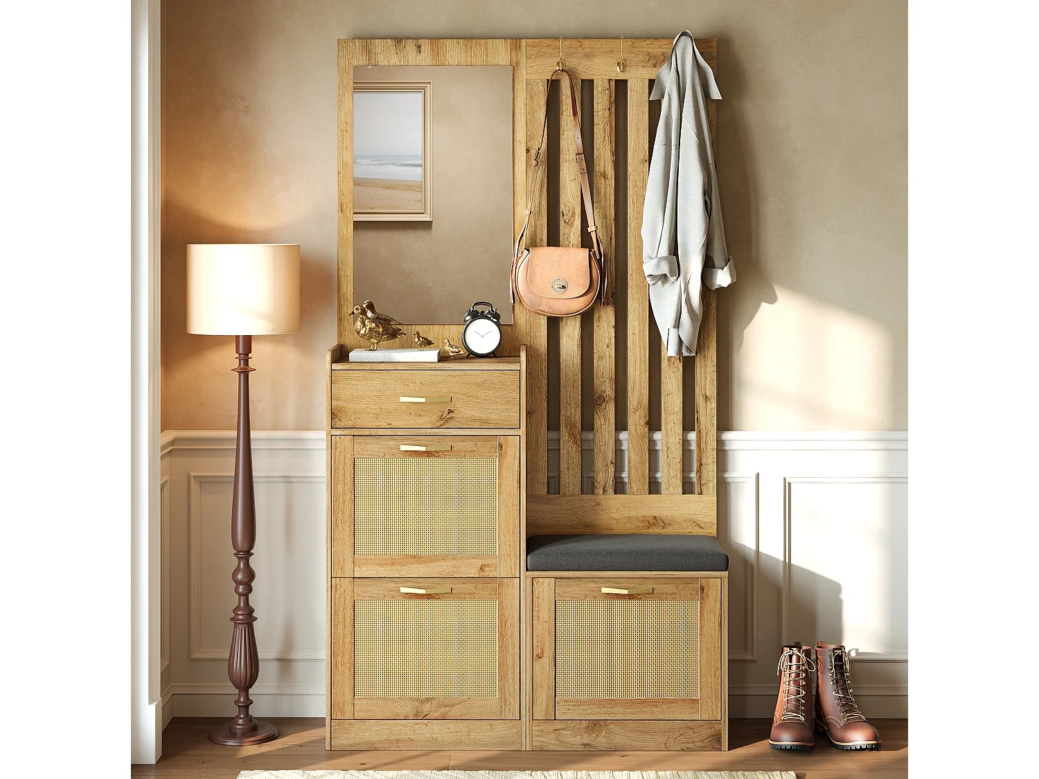 Set di mobili per ingresso con specchio, panca e scarpiera - Set di mobili per ingresso color legno