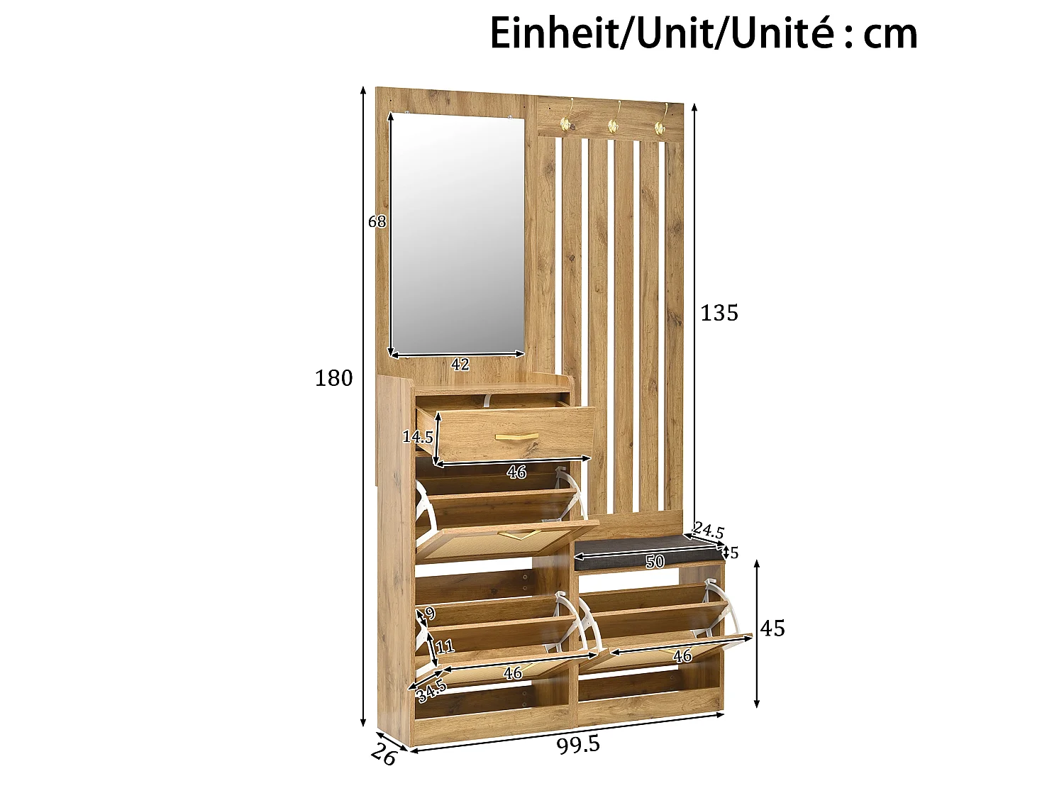 Set di mobili per ingresso con specchio, panca e scarpiera - Set di mobili per ingresso color legno