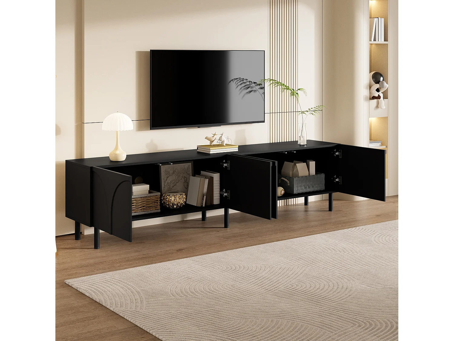 Mobile porta TV dalle linee curve, con 4 ante e gambe in metallo - Nero