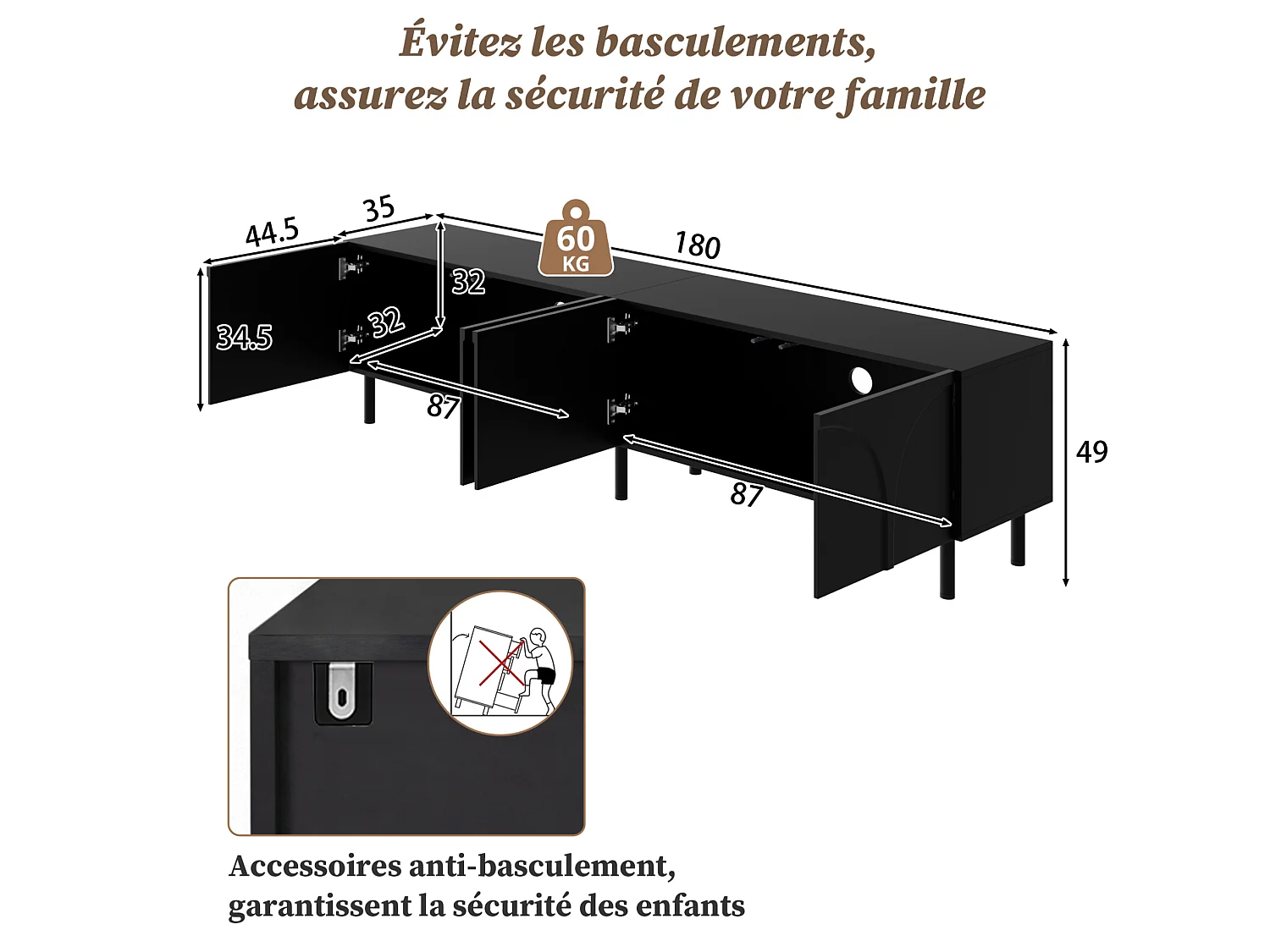 Mobile porta TV dalle linee curve, con 4 ante e gambe in metallo - Nero