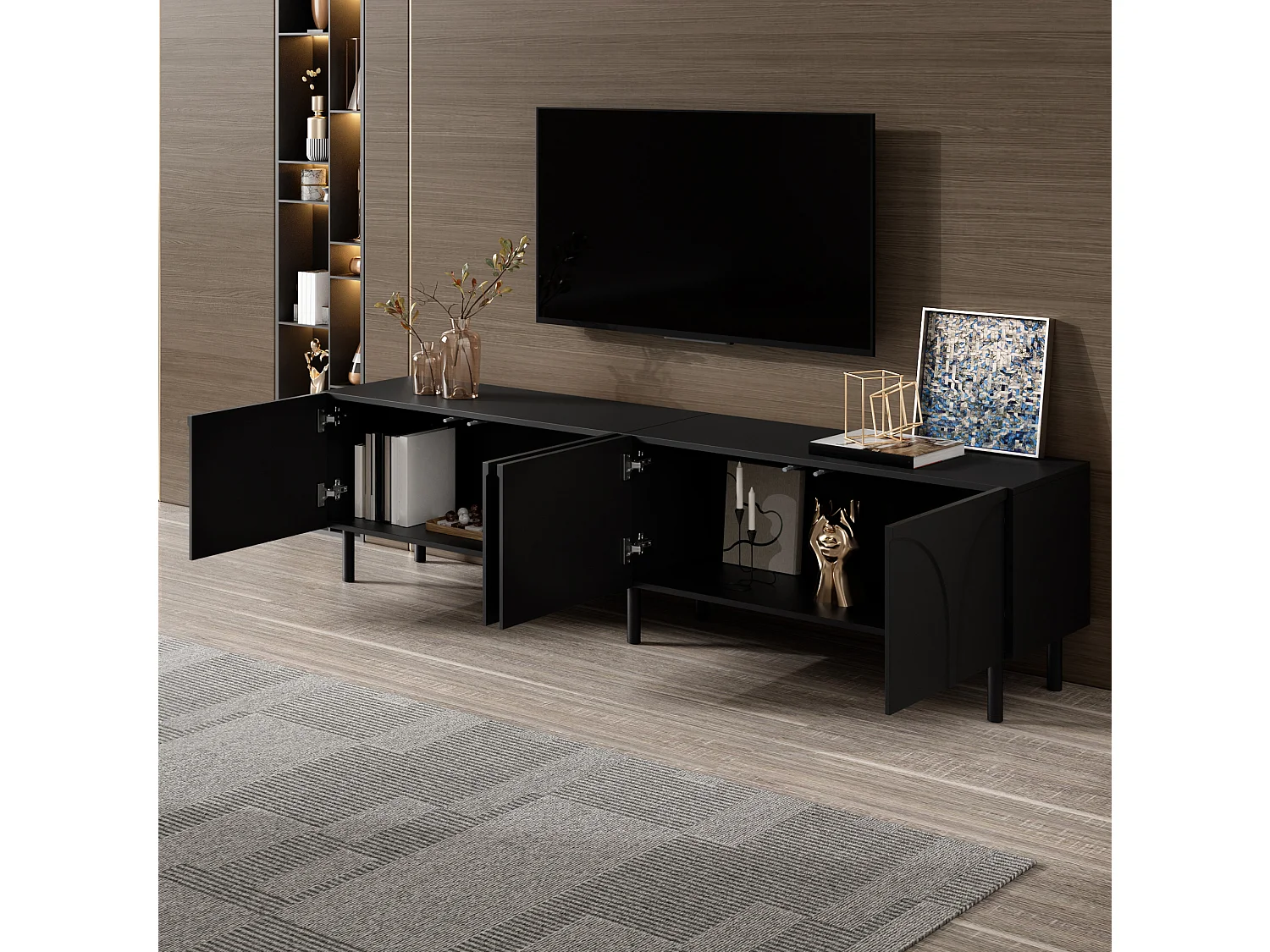 Mobile porta TV dalle linee curve, con 4 ante e gambe in metallo - Nero