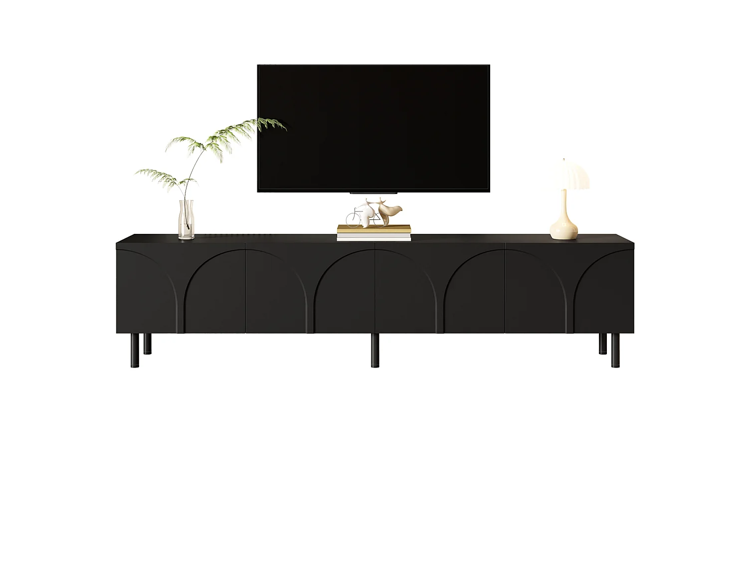 Mobile porta TV dalle linee curve, con 4 ante e gambe in metallo - Nero