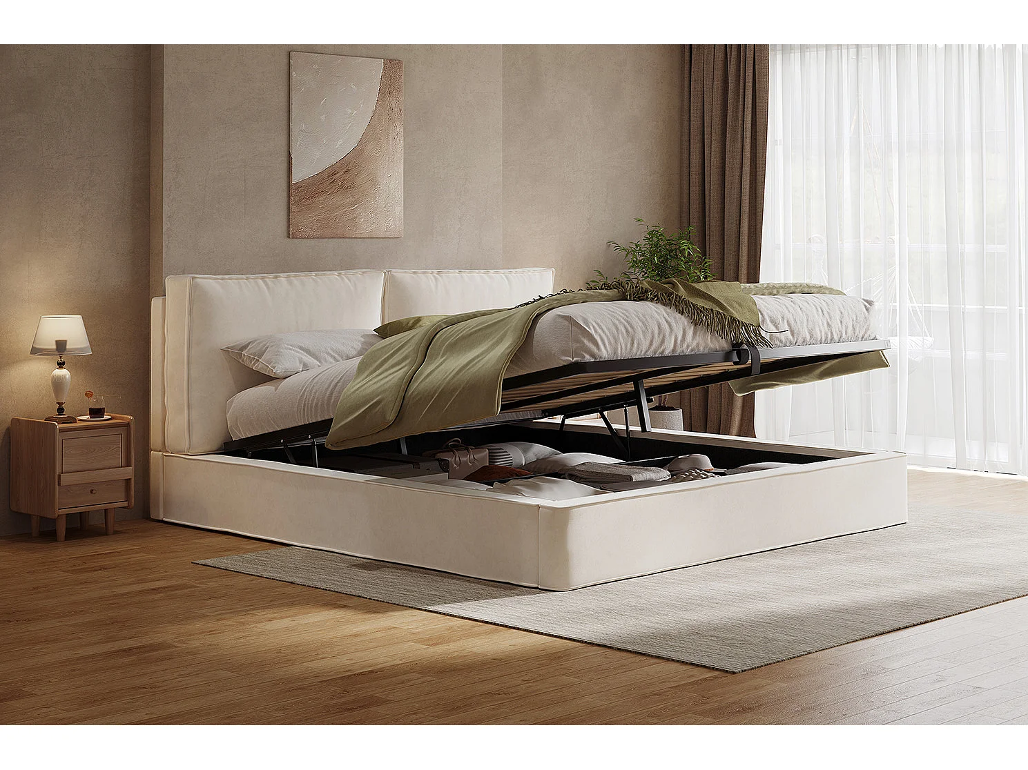Letto matrimoniale contenitore 180 x 200 cm in velluto beige - Letto per adulti con testiera imbottita
