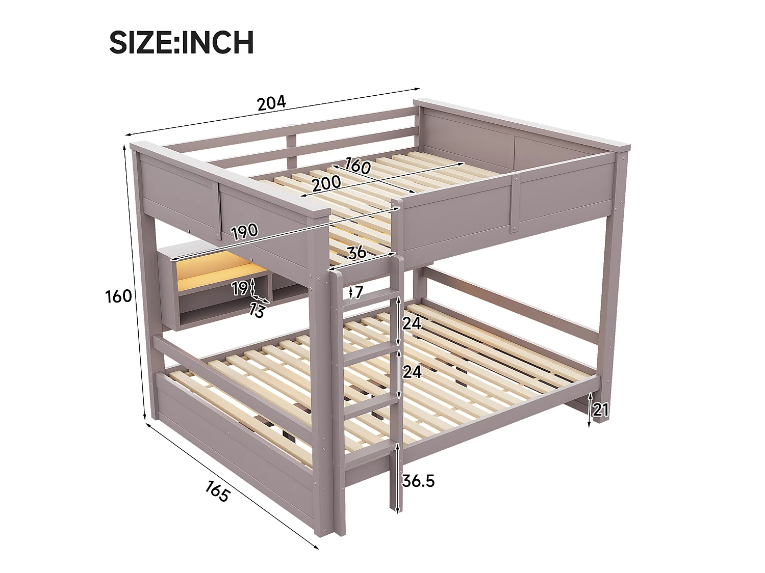 Lit superposé 160 x 200 cm marron avec rangement et LEDs - Bois pin et MDF, sans matelas