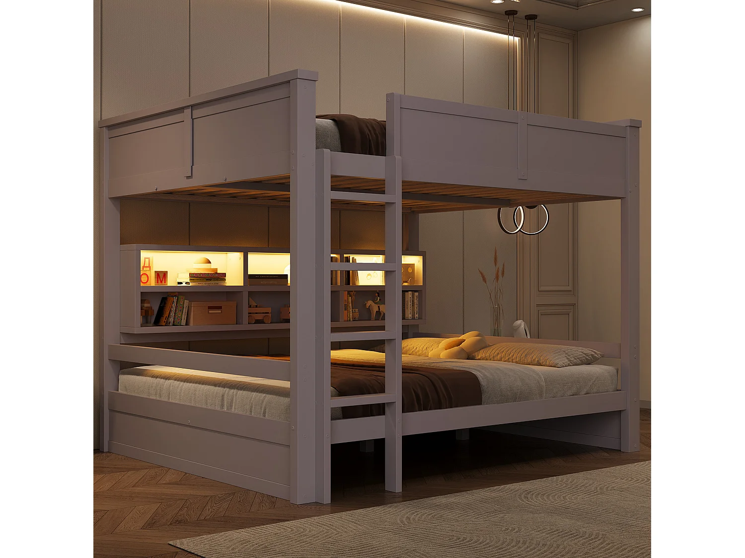Lit superposé 160 x 200 cm marron avec rangement et LEDs - Bois pin et MDF, sans matelas