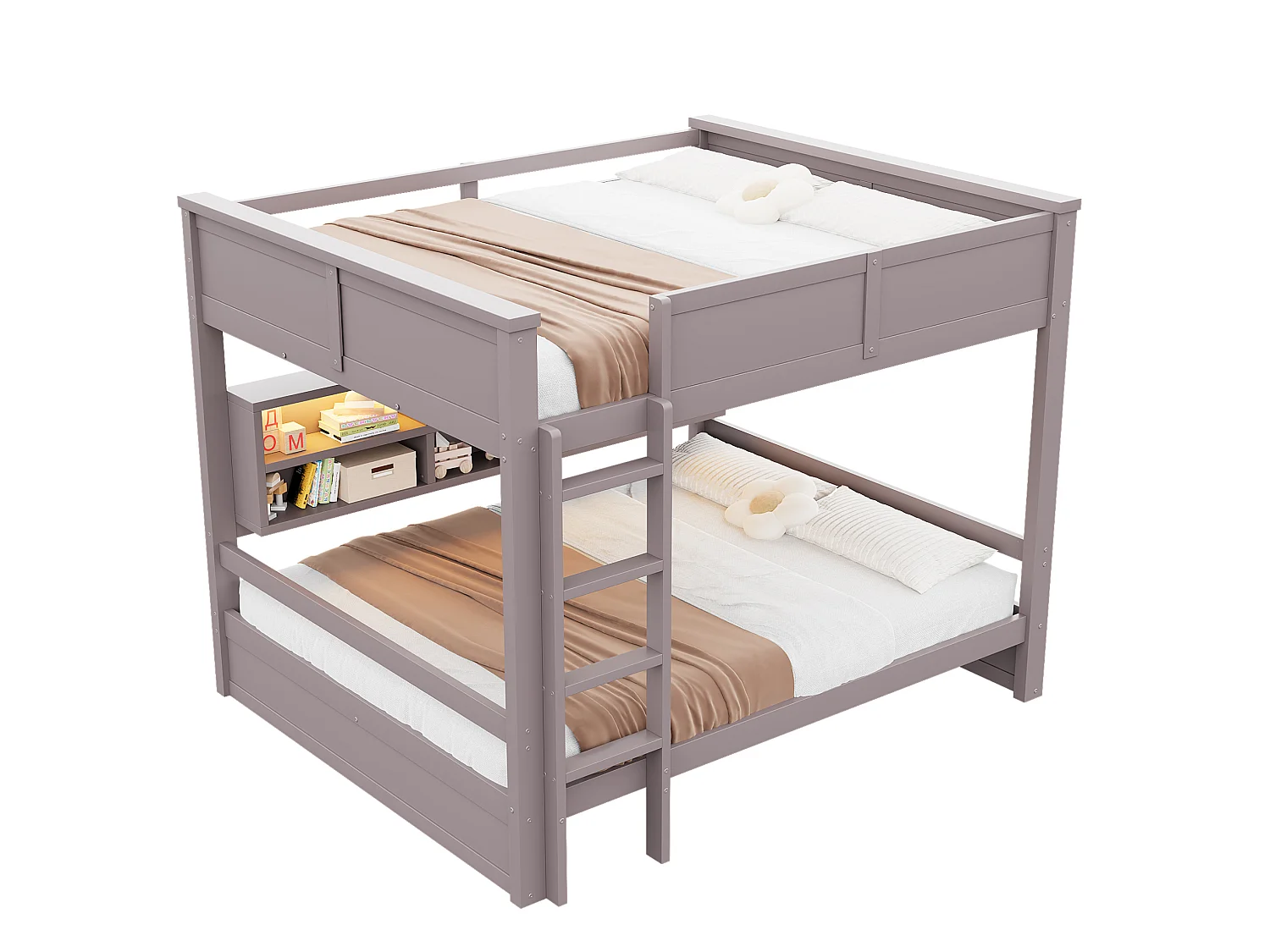 Lit superposé 160 x 200 cm marron avec rangement et LEDs - Bois pin et MDF, sans matelas