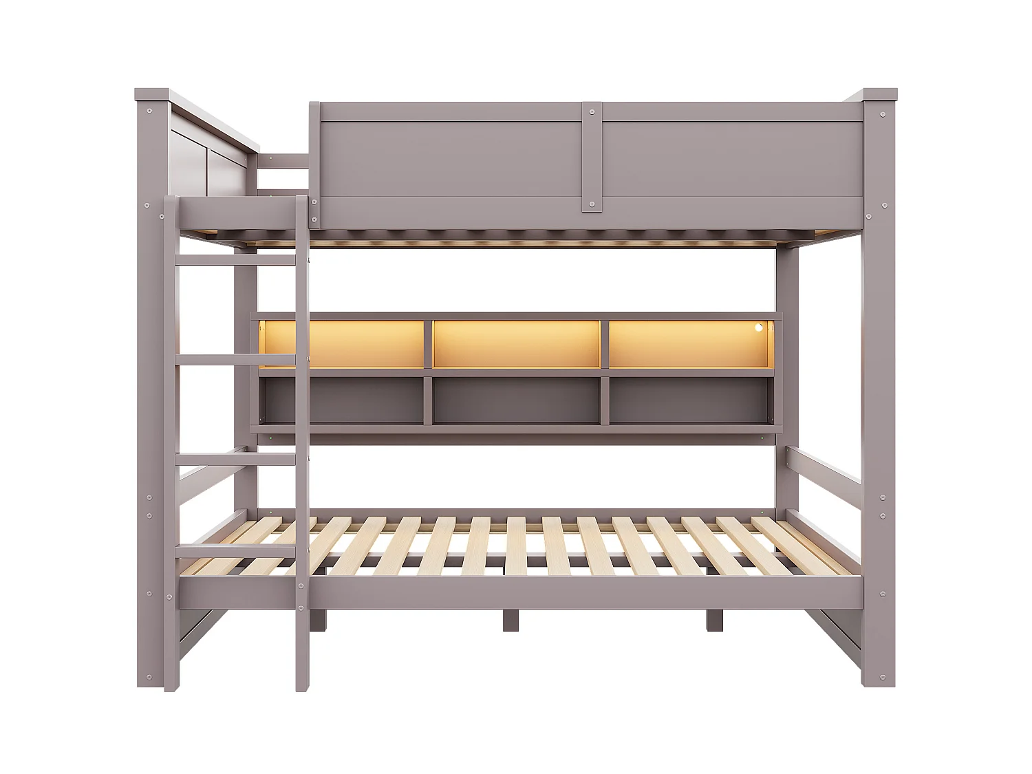 Lit superposé 160 x 200 cm marron avec rangement et LEDs - Bois pin et MDF, sans matelas
