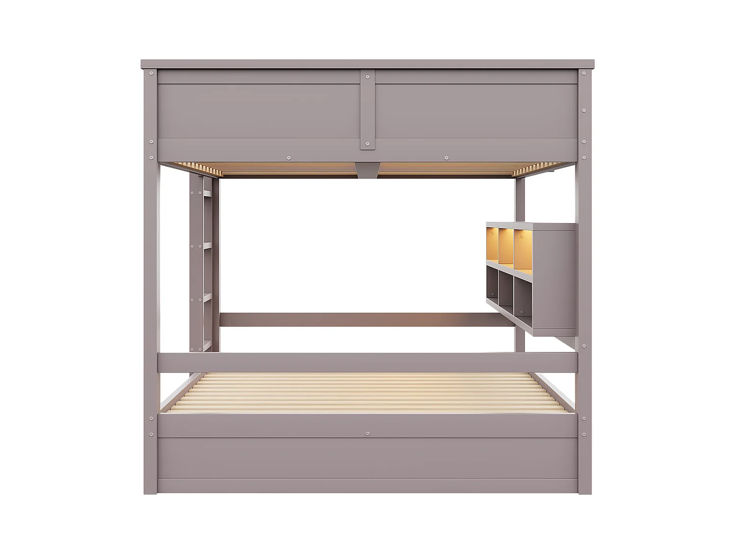 Lit superposé 160 x 200 cm marron avec rangement et LEDs - Bois pin et MDF, sans matelas