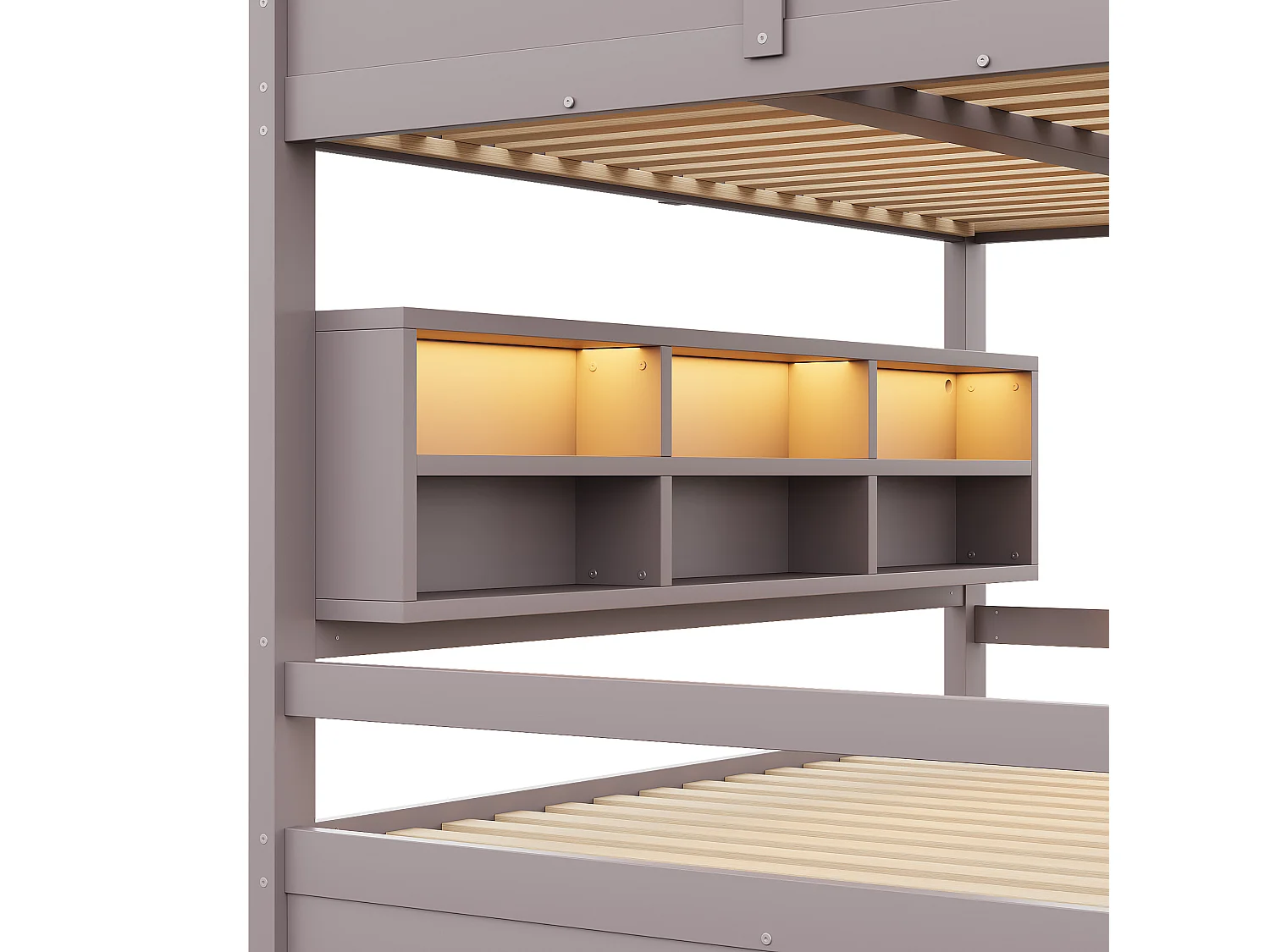 Lit superposé 160 x 200 cm marron avec rangement et LEDs - Bois pin et MDF, sans matelas