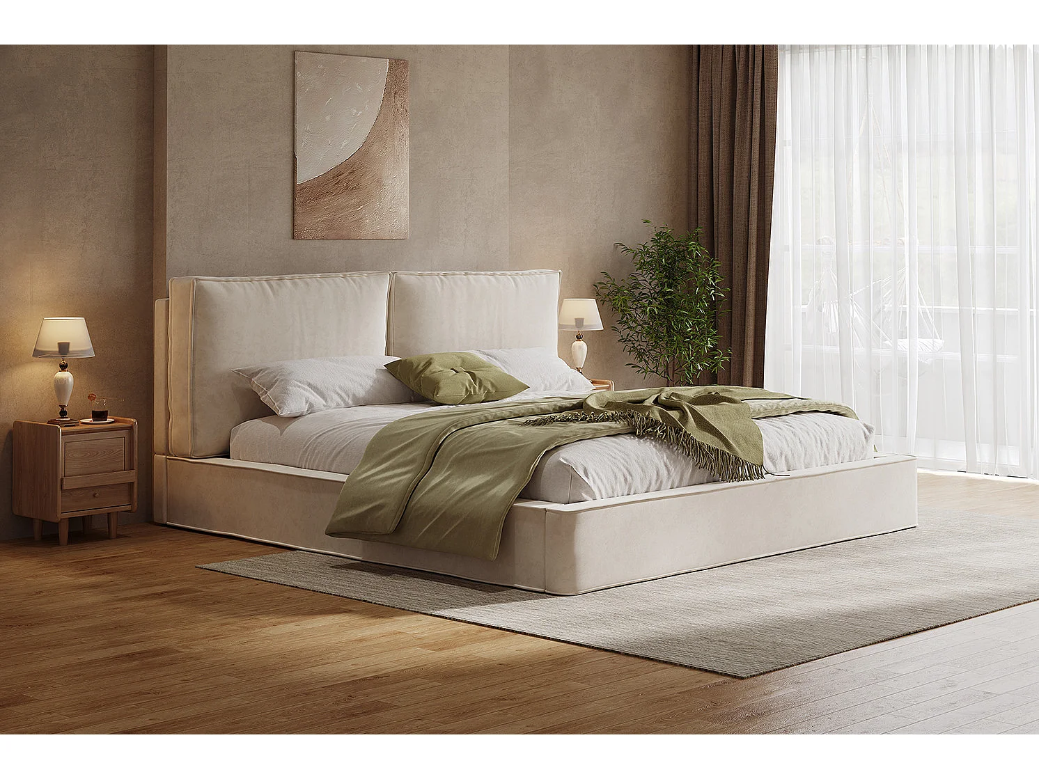 Lit double adulte 180 x 200 cm avec tête de lit capitonnée - Tissu chenille beige