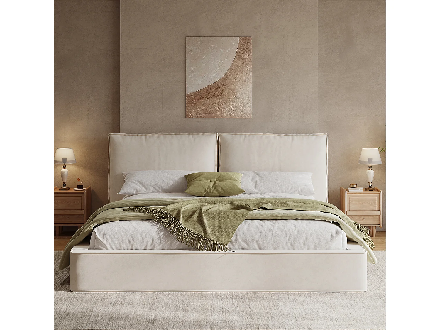 Lit double adulte 180 x 200 cm avec tête de lit capitonnée - Tissu chenille beige
