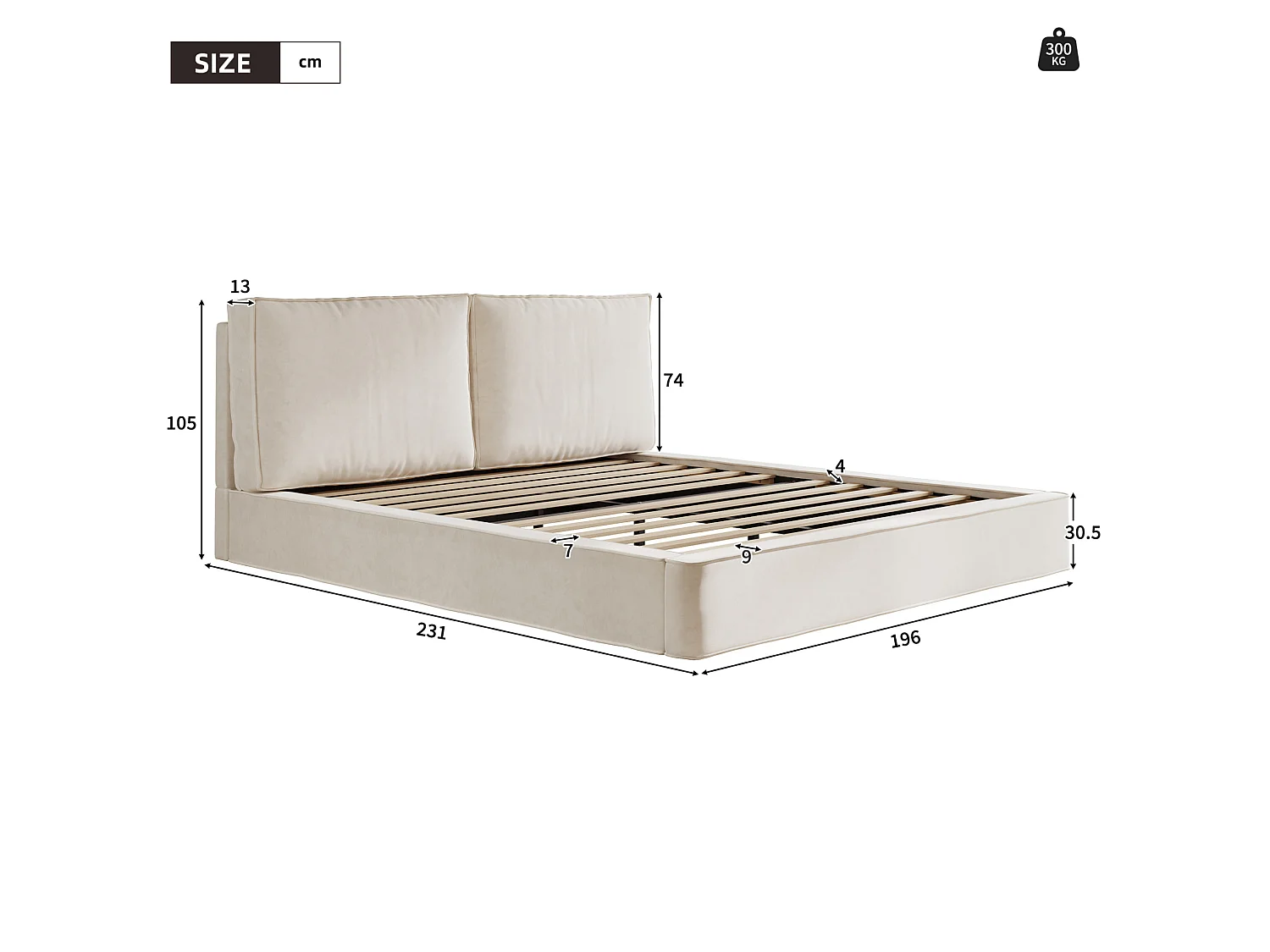 Lit double adulte 180 x 200 cm avec tête de lit capitonnée - Tissu chenille beige
