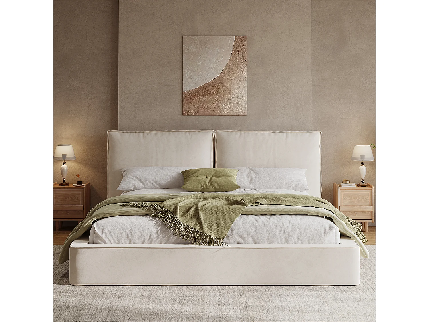 Lit double adulte 160 x 200 cm avec tête de lit capitonnée - Tissu chenille beige
