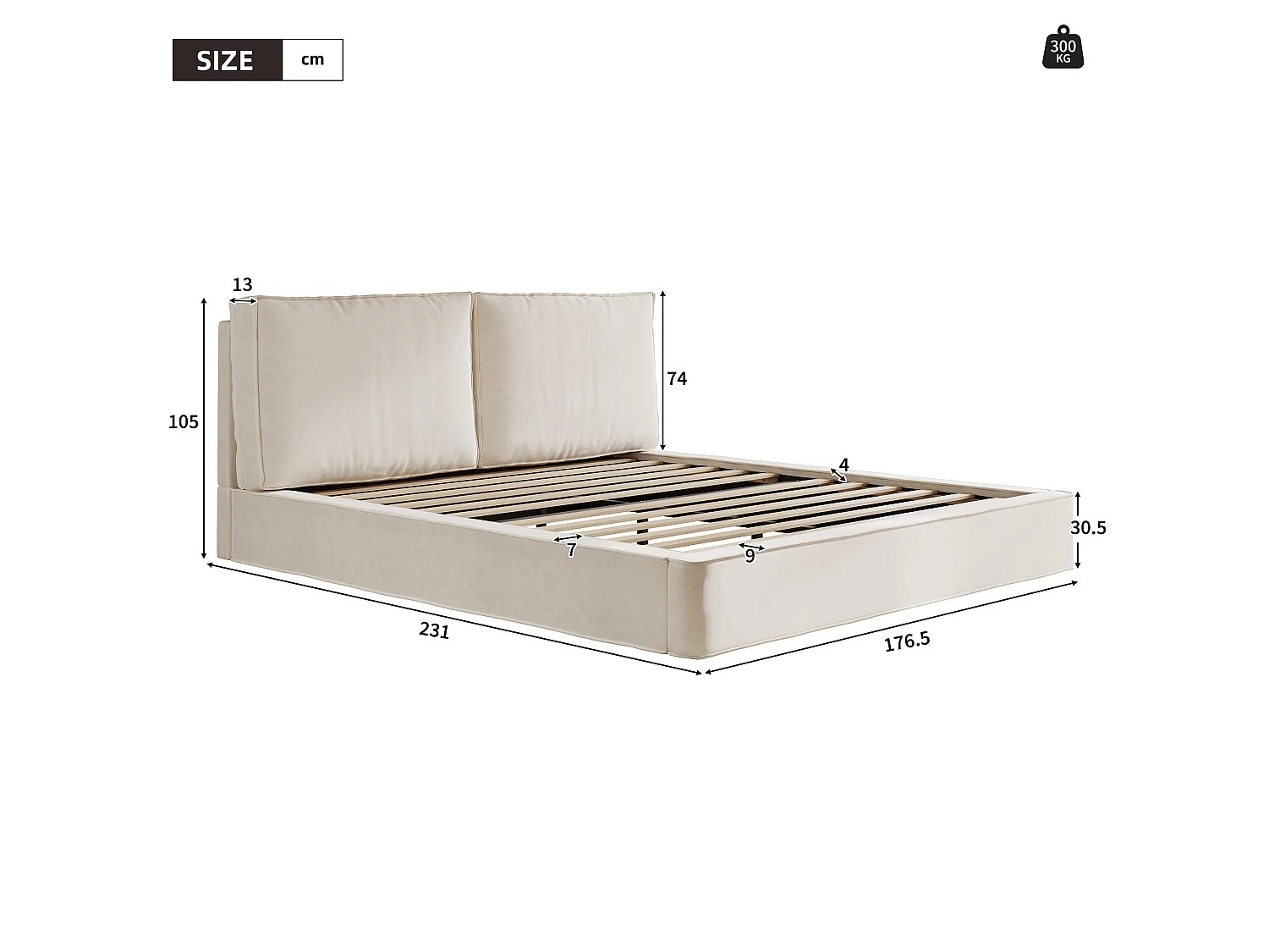 Lit double adulte 160 x 200 cm avec tête de lit capitonnée - Tissu chenille beige