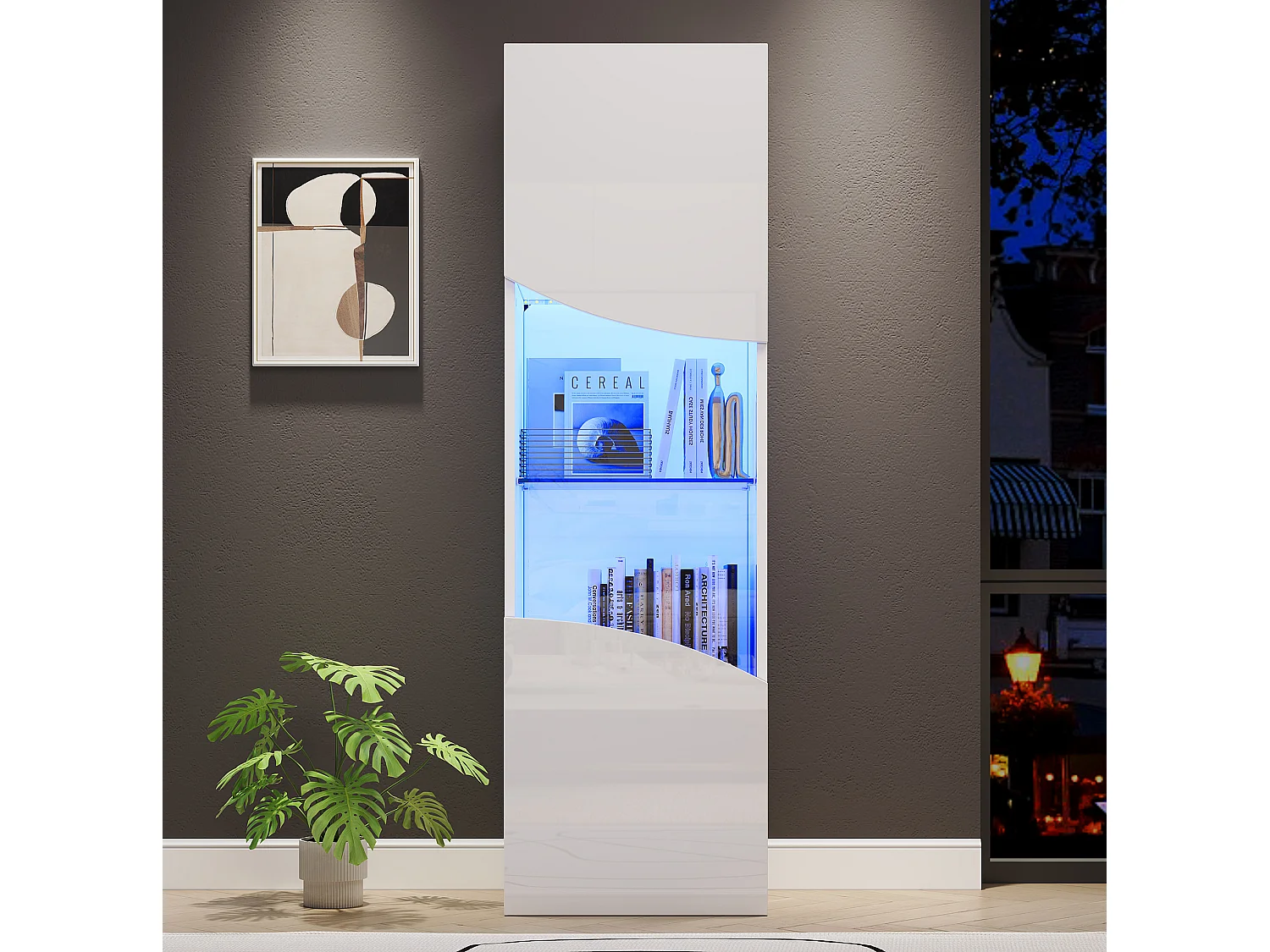 Vitrine blanche laquée 50 x 35 x 165 cm avec porte verre et LED