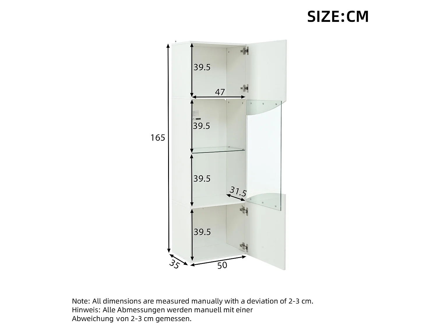 Vitrine blanche laquée 50 x 35 x 165 cm avec porte verre et LED