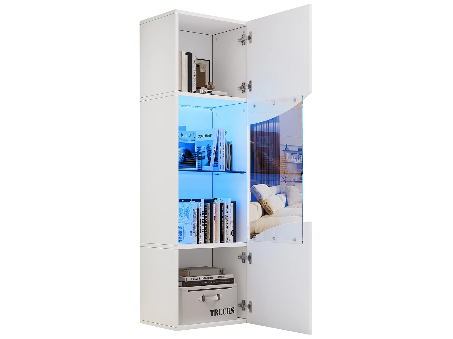 Vitrine blanche laquée 50 x 35 x 165 cm avec porte verre et LED