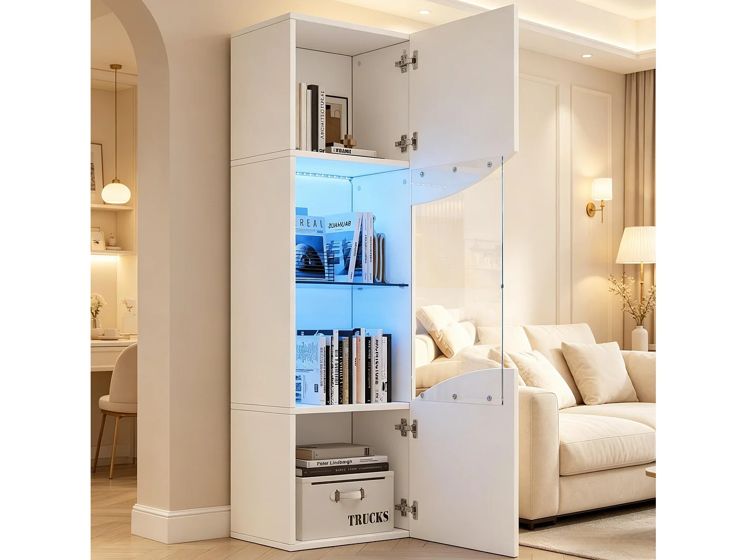 Vitrine blanche laquée 50 x 35 x 165 cm avec porte verre et LED