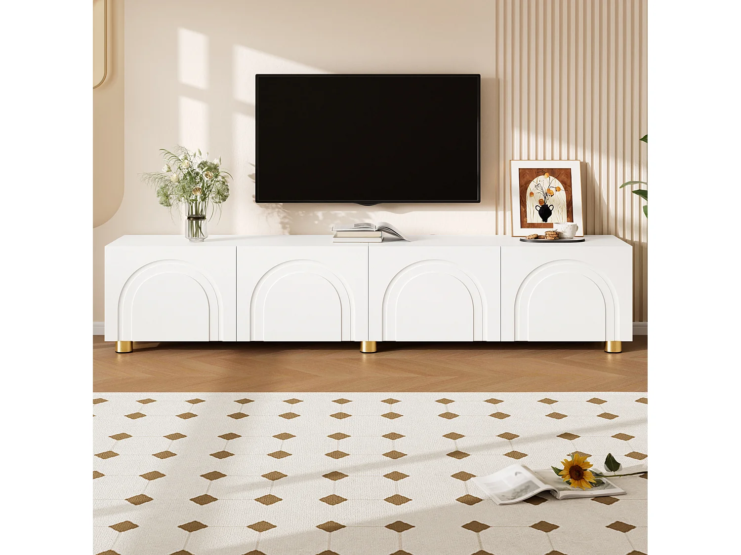 Mobile TV basso con modanature curve, bianco - 4 ante e gambe in metallo