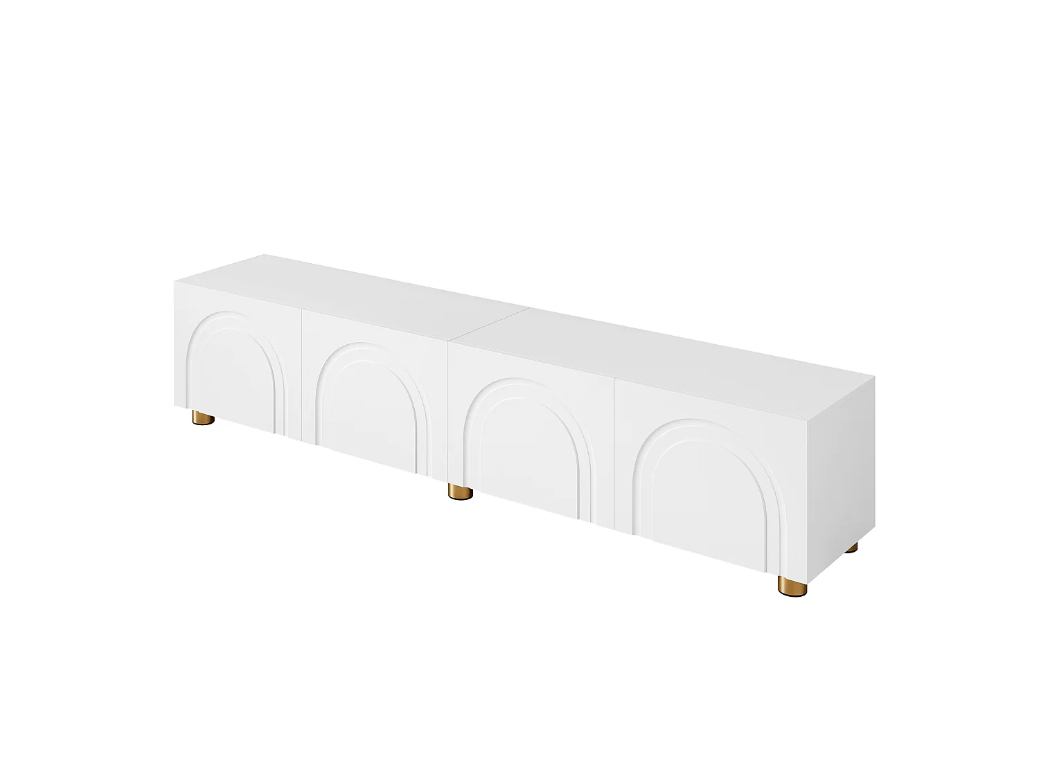 Mobile TV basso con modanature curve, bianco - 4 ante e gambe in metallo