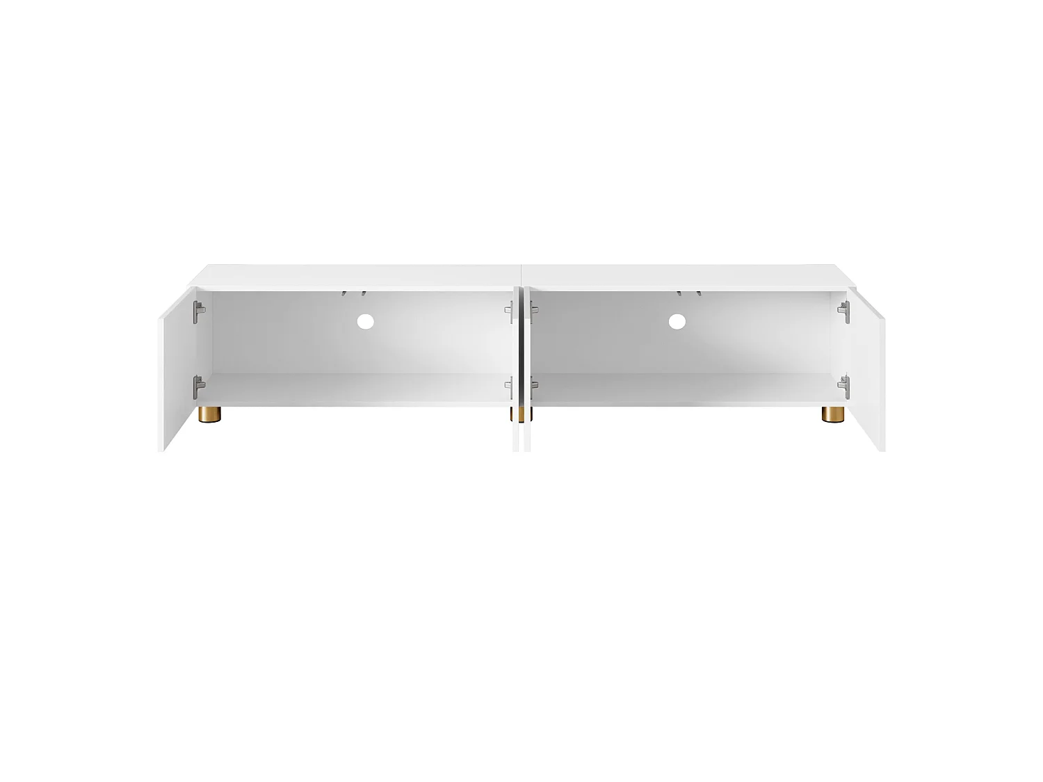Mobile TV basso con modanature curve, bianco - 4 ante e gambe in metallo