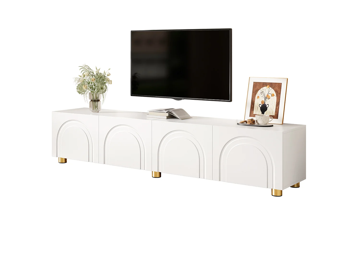 Mobile TV basso con modanature curve, bianco - 4 ante e gambe in metallo