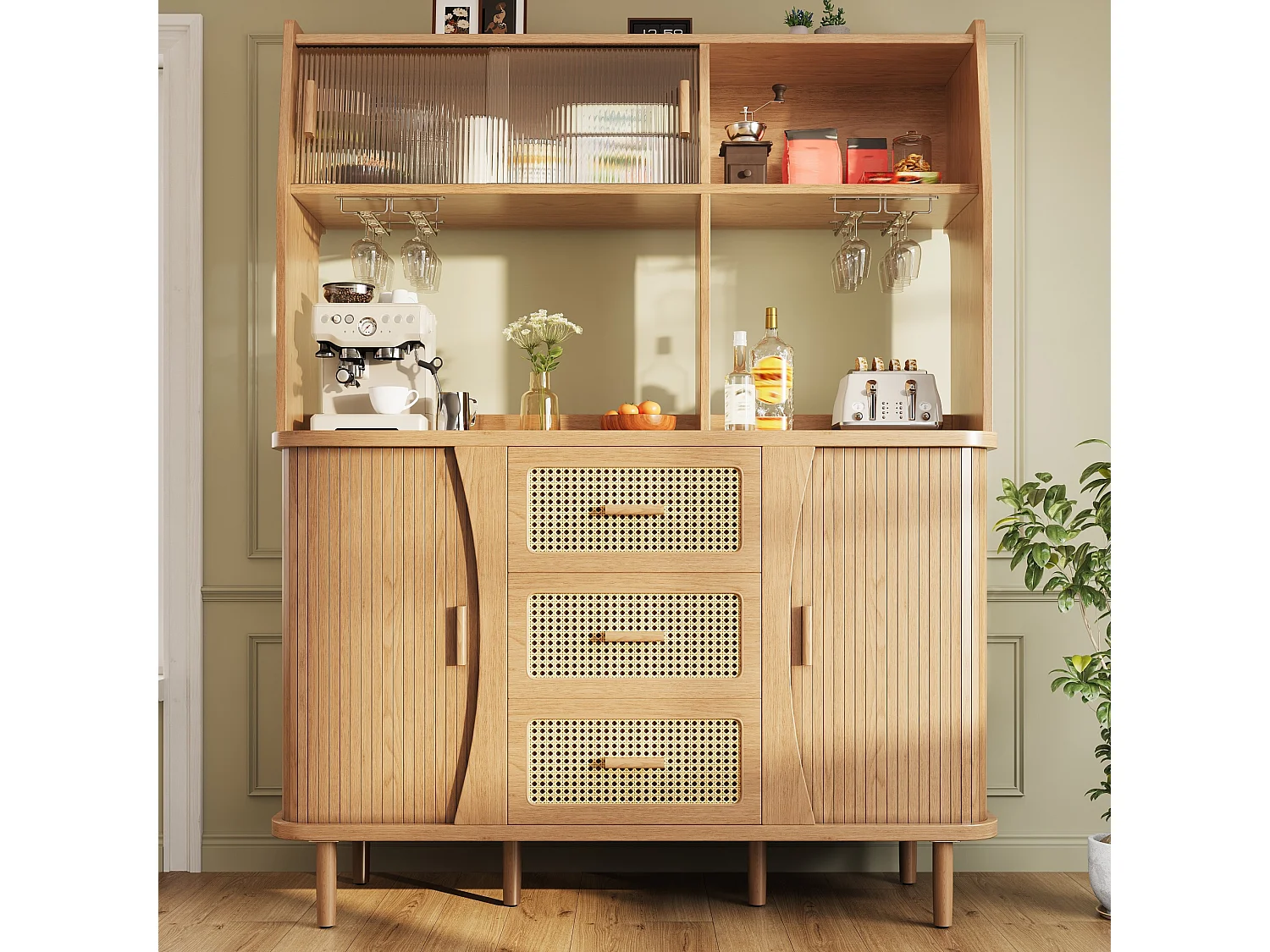Buffet de cuisine avec portes coulissantes et 3 tiroirs en aspec rotin - Naturel clair