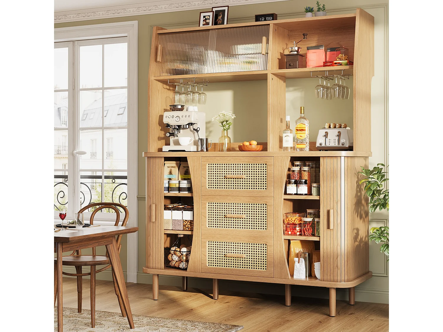 Buffet de cuisine avec portes coulissantes et 3 tiroirs en aspec rotin - Naturel clair