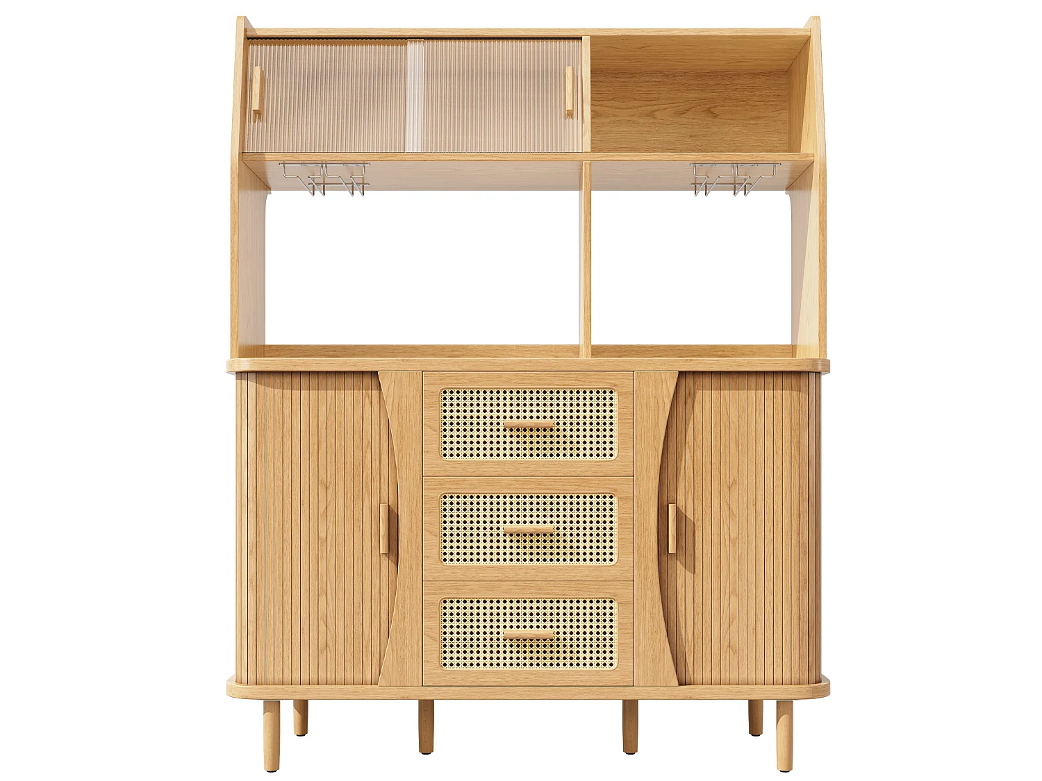 Buffet de cuisine avec portes coulissantes et 3 tiroirs en aspec rotin - Naturel clair